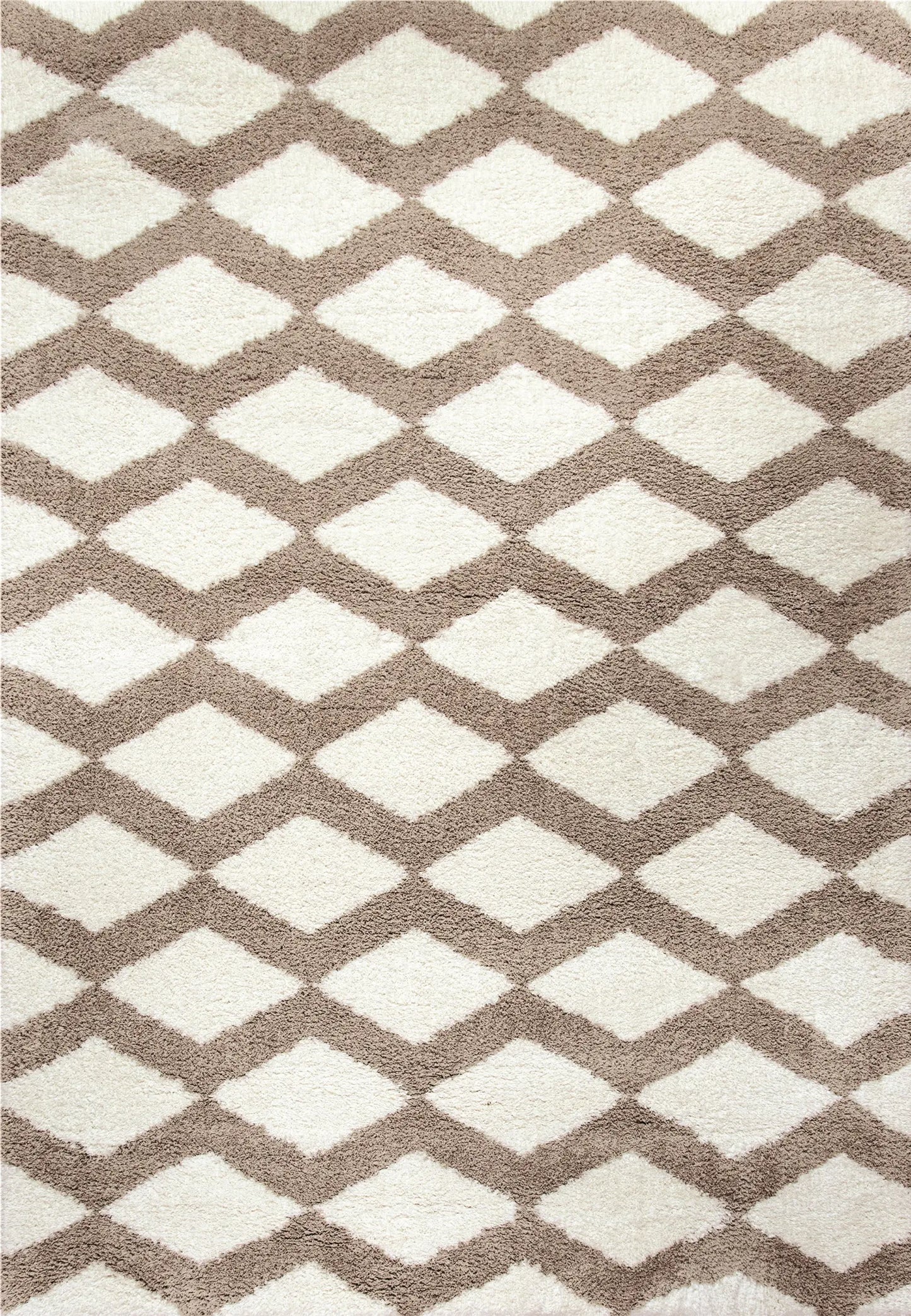 A rectangular rug with a contemporary geometric pattern in beige and white shades, featuring a plush microfiber pile.