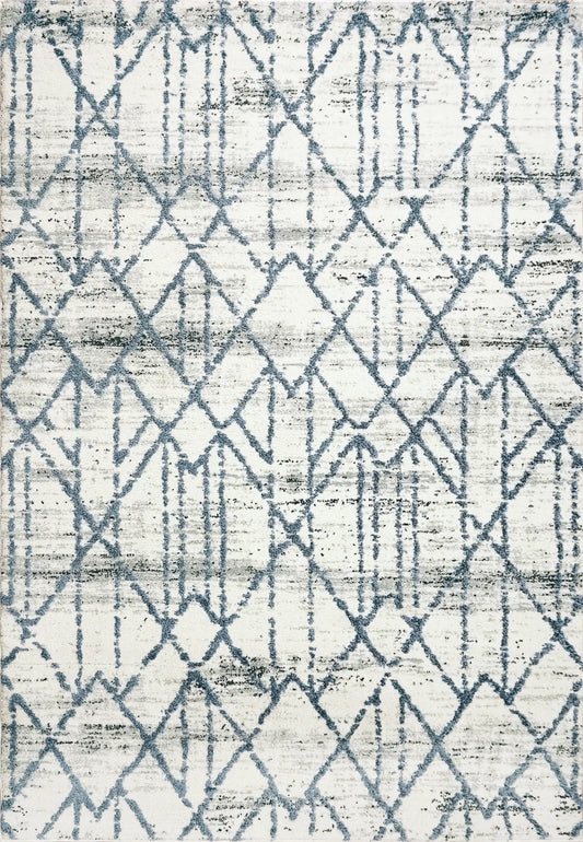 A rectangular rug with a modern geometric pattern in a soft grey ivory color palette.-My Rug World