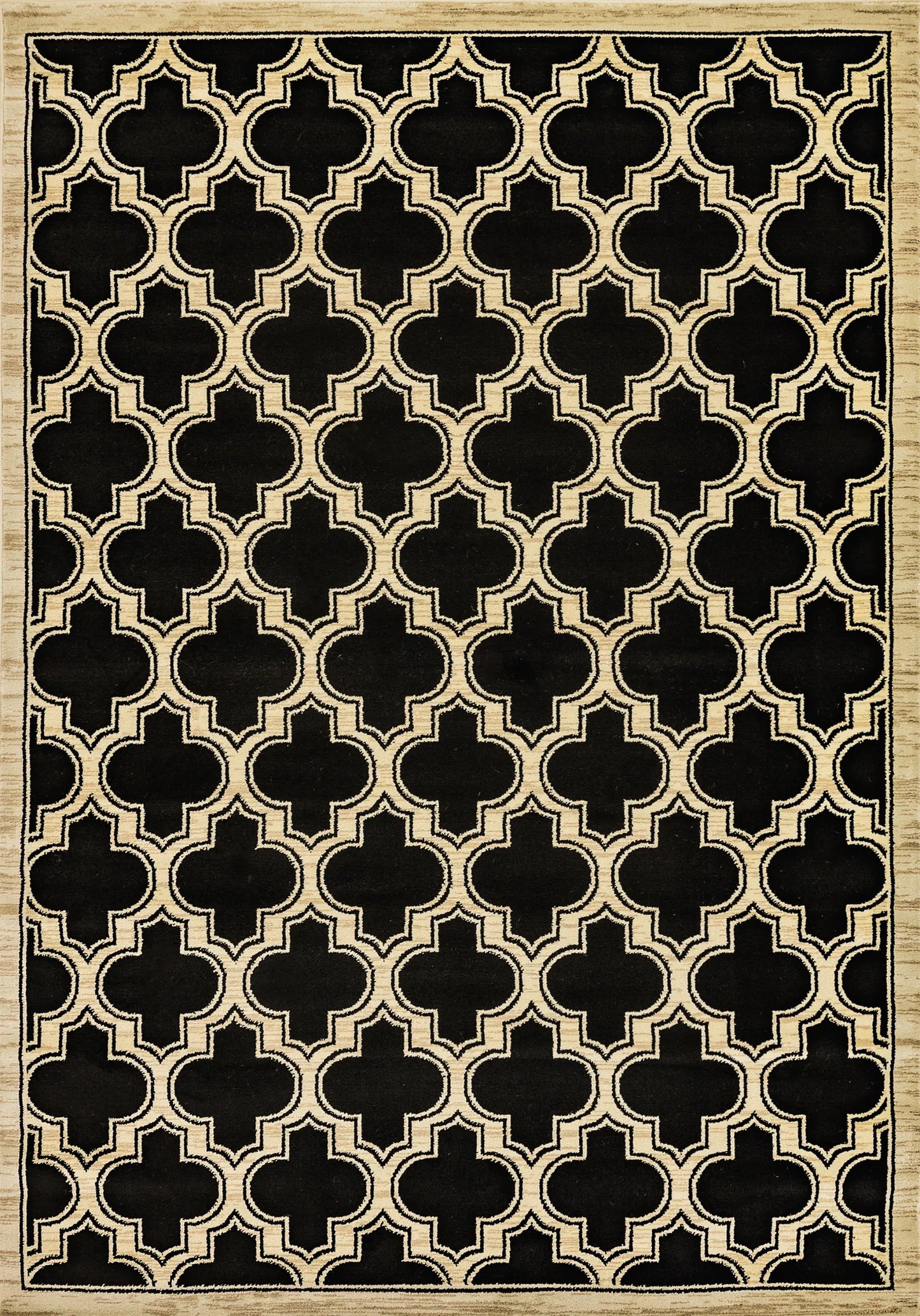A rectangular traditional wool rug with a geometric pattern in beige and black colors.