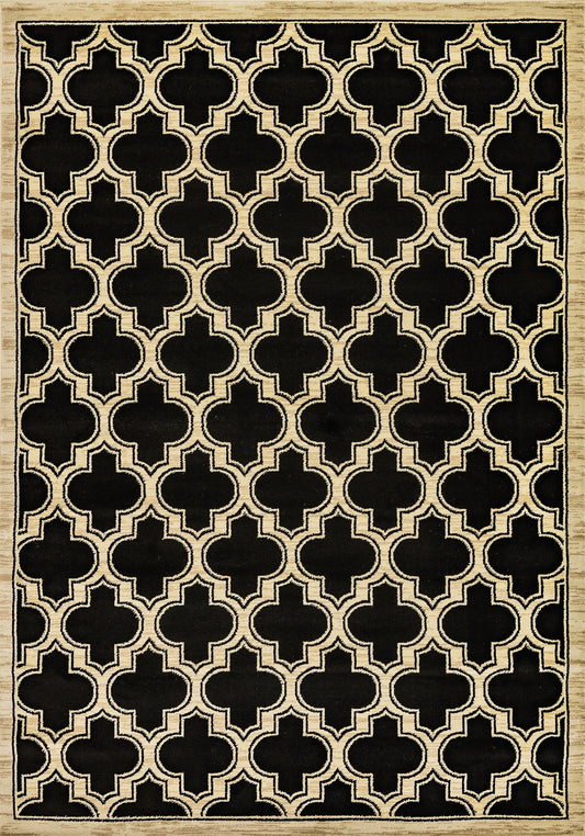 A rectangular traditional wool rug with a geometric pattern in beige and black colors.-My Rug World