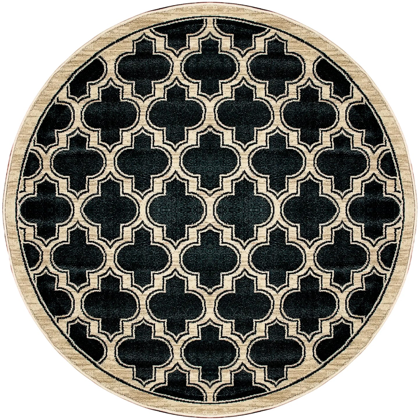 A round traditional wool rug with a geometric pattern in beige and black colors.