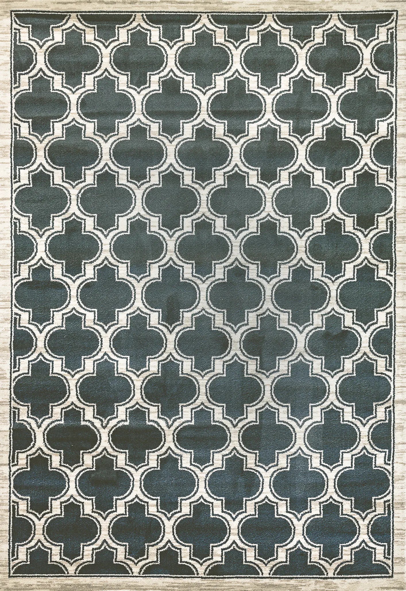 A rectangular traditional wool rug with a geometric pattern in blue and ivory colors.