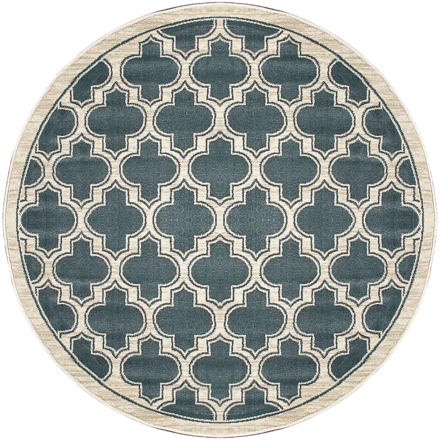 A round traditional wool rug with a geometric pattern in beige and blue ivory colors.