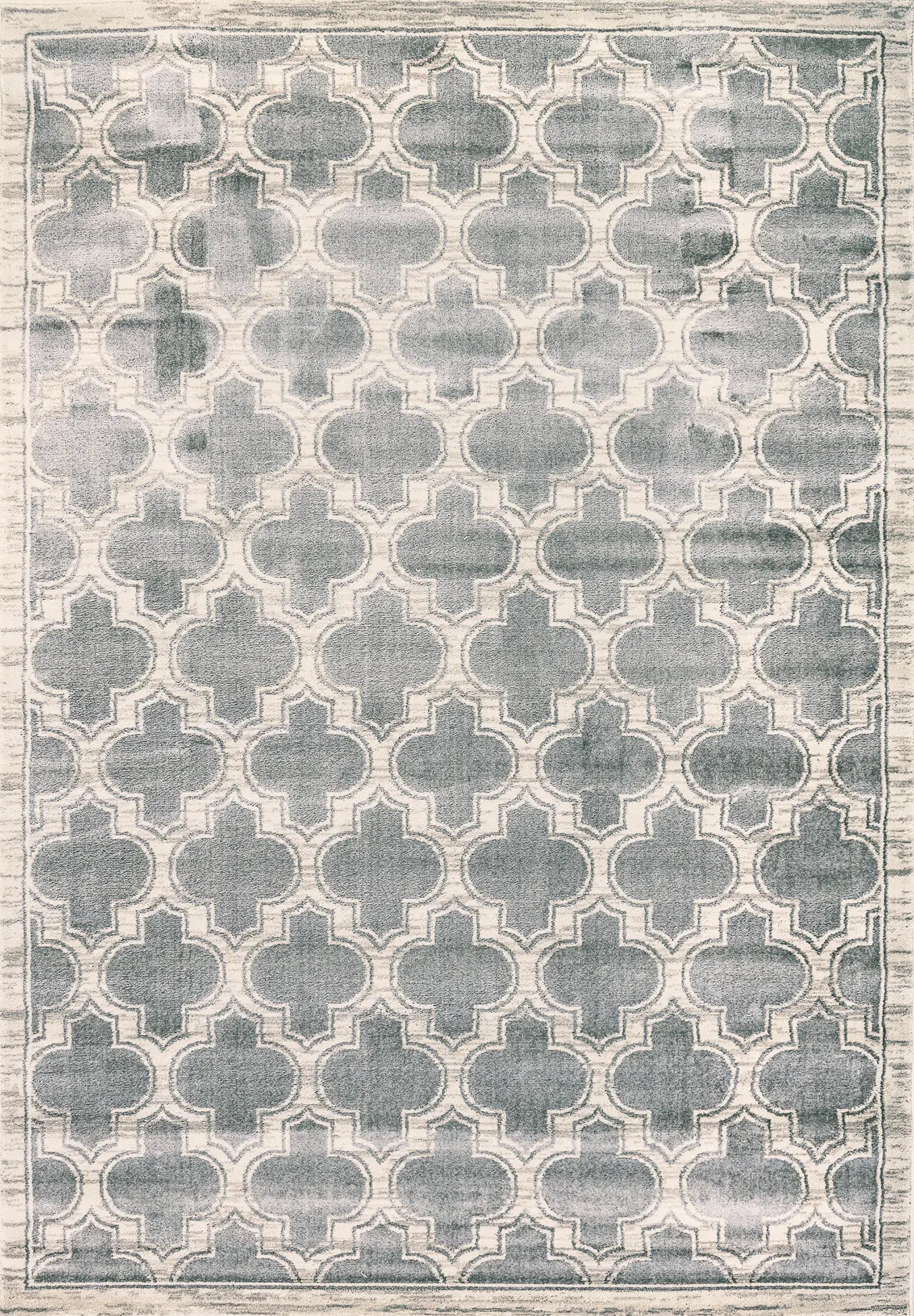 A rectangular traditional wool rug with a geometric pattern in grey and ivory colors.