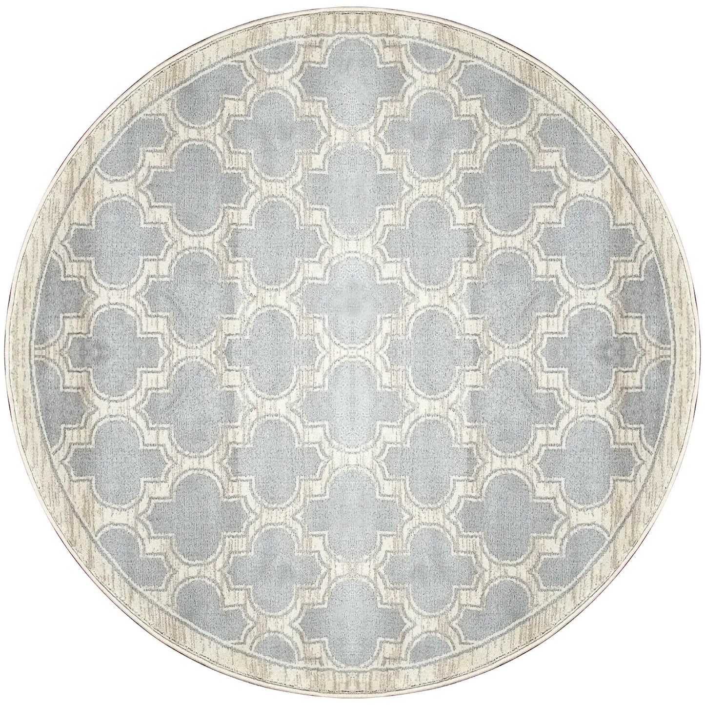 A round traditional wool rug with a geometric pattern in grey and ivory colors.