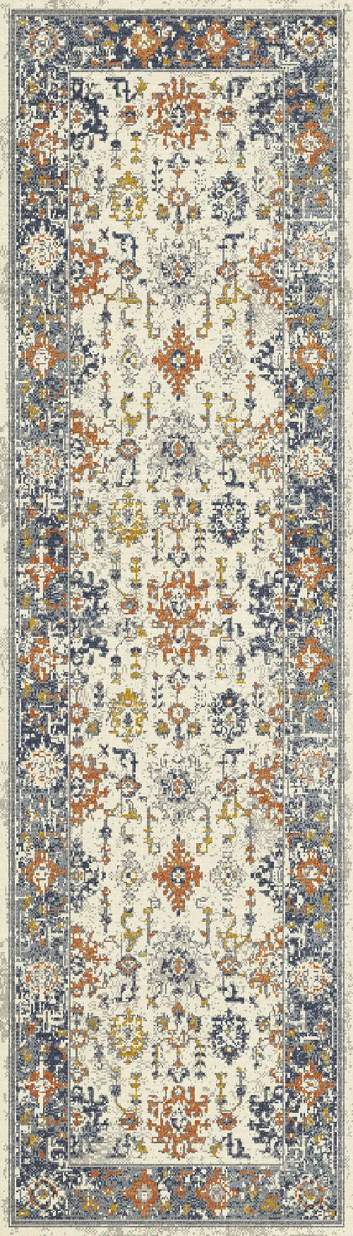 A Zahara rectangular traditional wool runner with a floral pattern in shades of beige, brown, gold, and gray.