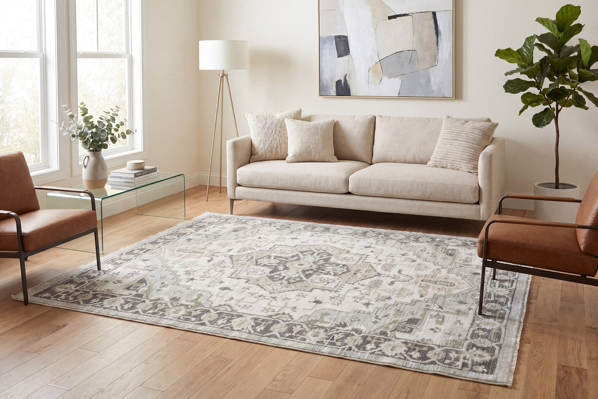 Authentic 18787 Ivory/Grey/Beige rug – room scene